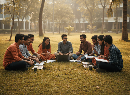 Students sitting in a circle on a lush green campus lawn