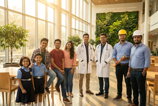 Diverse group of Bangladeshi students of all ages in a modern learning environment